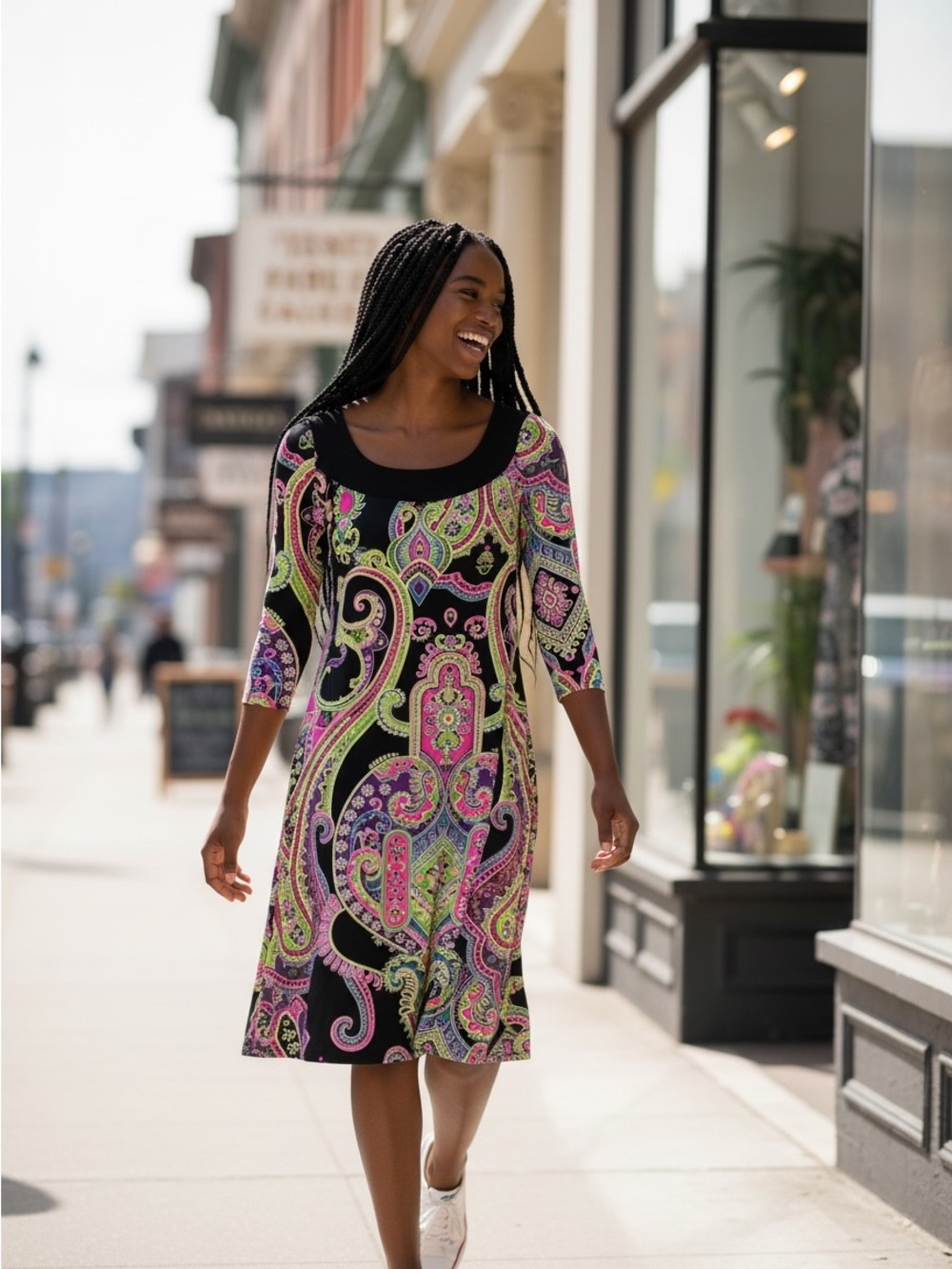 Cato Black Paisley-Print Scoop Neck Midi Dress with Pink & Green Accents
